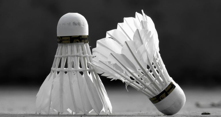 High contrast image of two badminton shuttlecocks on the court floor, showcasing sports equipment in detail.